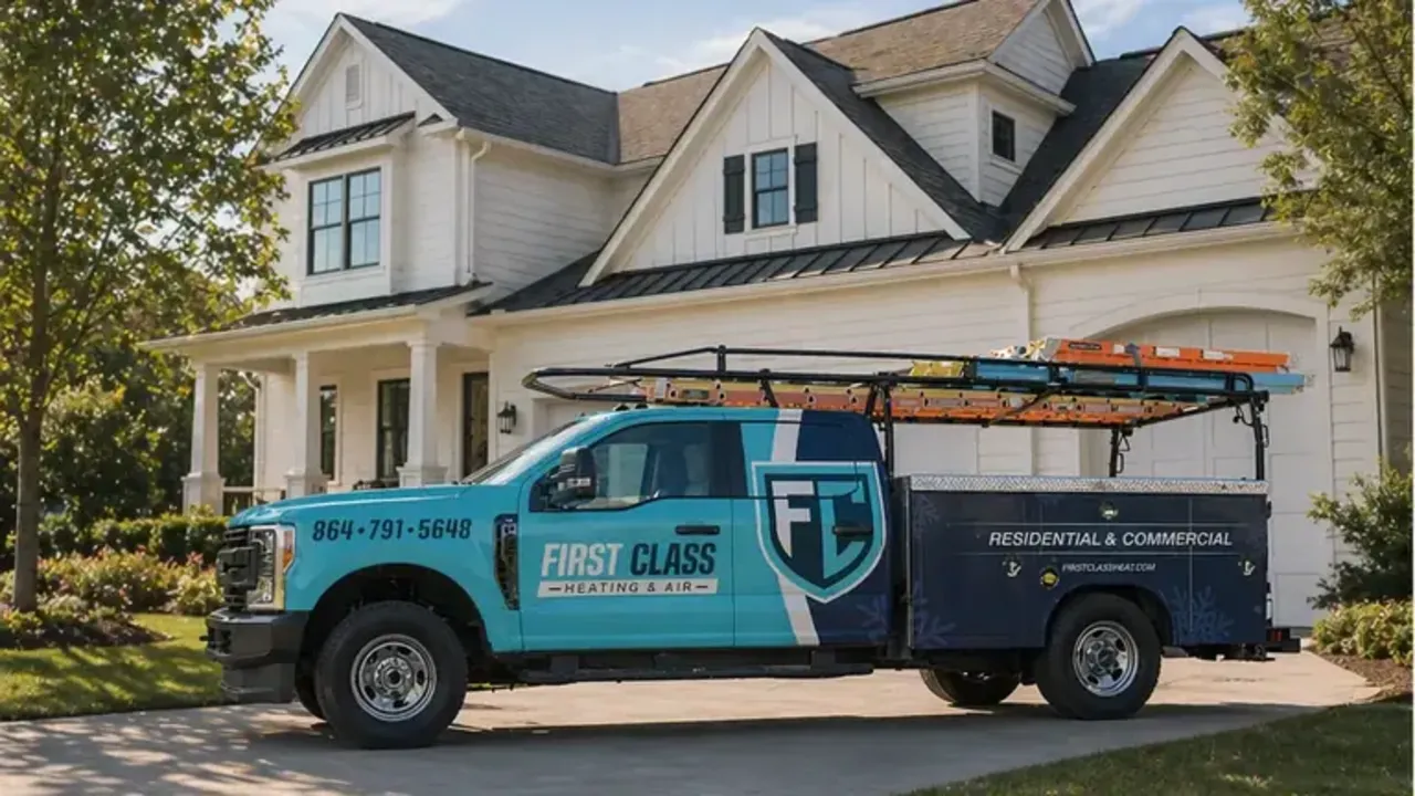 First Class Heating & Air service truck in front of a Greenville-area home