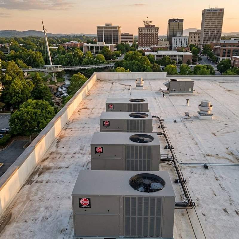 Commercial HVAC rooftop units on a city building serviced by First Class Heating & Air