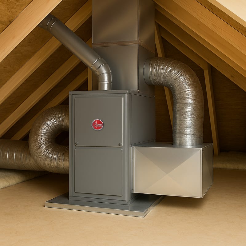 Rheem gas furnace with insulated flex ductwork installed in an attic by First Class Heating & Air in Greenville, SC